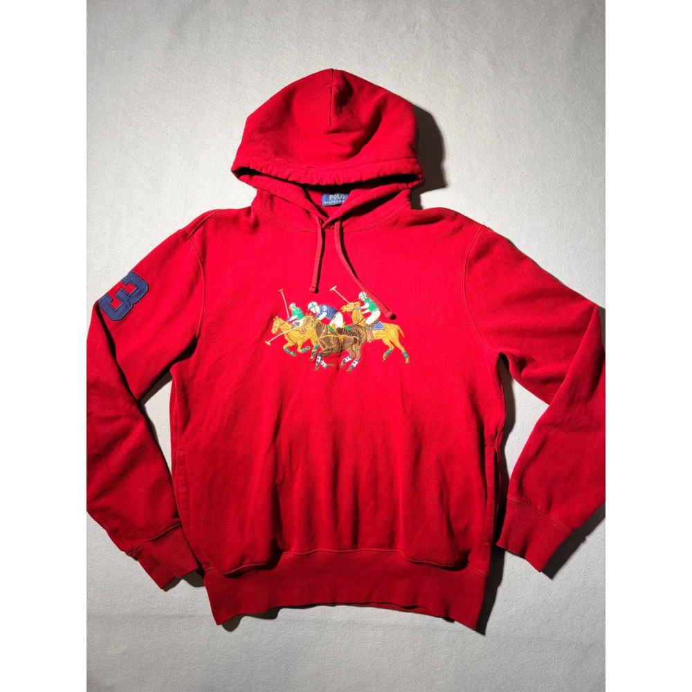 Polo Ralph Lauren Hoodie Mens M Red Triple Pony Embroidered Pullover Sweatshirt
